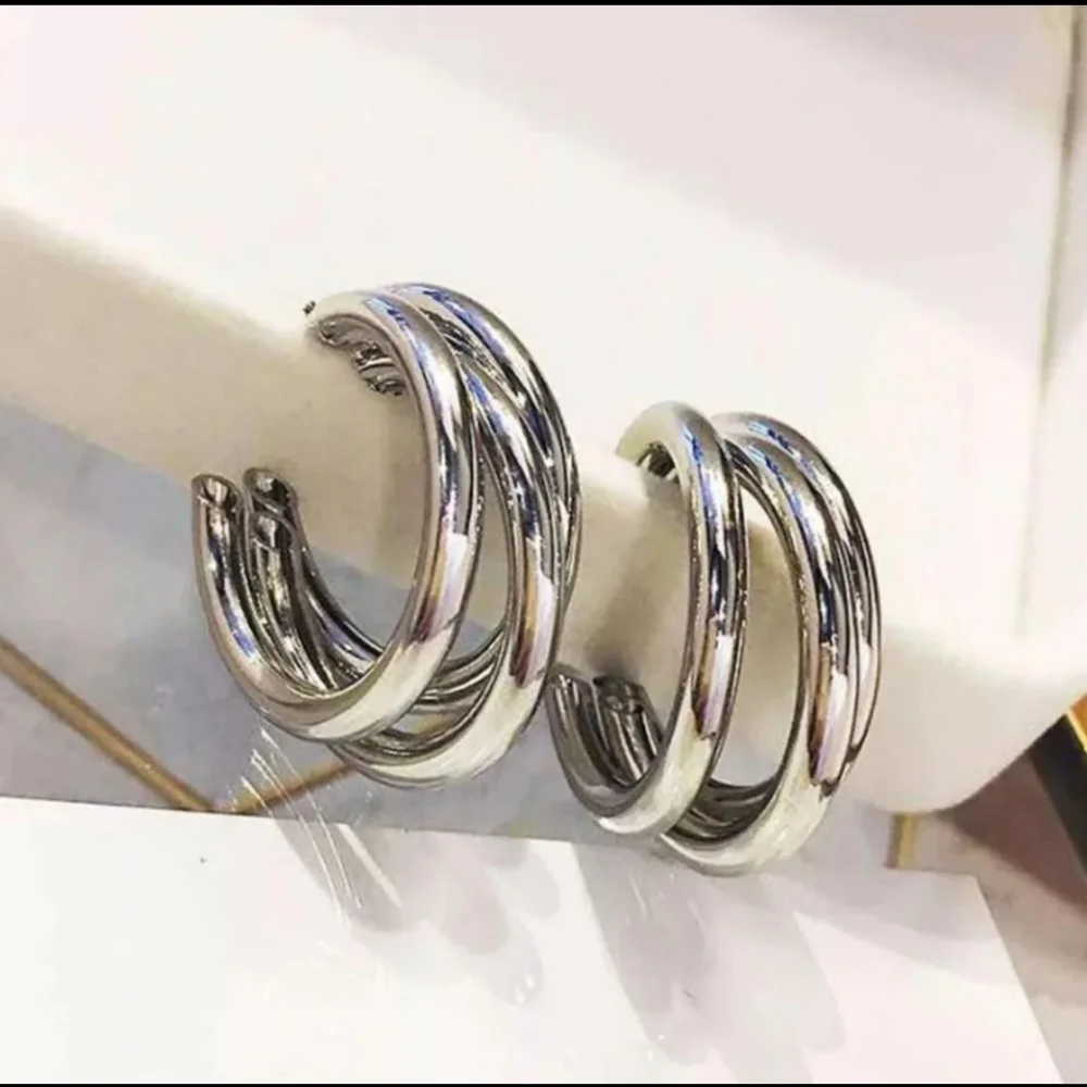 Layered Silver Half Hoop Earrings - Picture 3 of 8
